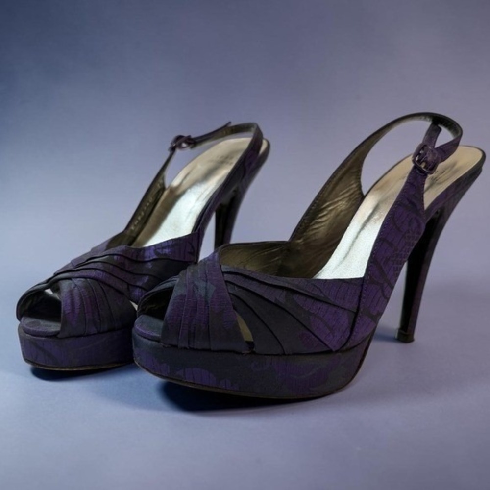 Stuart Weitzman Purple Floral Brocade Platform Slingback Heels 7.5M